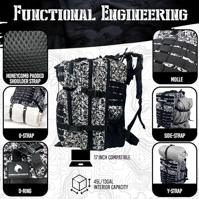 AMERICANPHOENIX 45L Elite Tactical Backpack | 3X Stronger Work &amp Military Backpack | Water Resistant and Heavy Duty | 3 Day MOLLE Bug Out Bag (Snow Leopard)