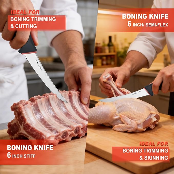 6PCS Professional Butcher Knife Set with Softgrip 8 Butcher 6 Semi-Flex/Stiff Boning 5 Skinning 8 Sharpener Rod &amp Knife Roll Bag for Home Kitchen Camping Hunting