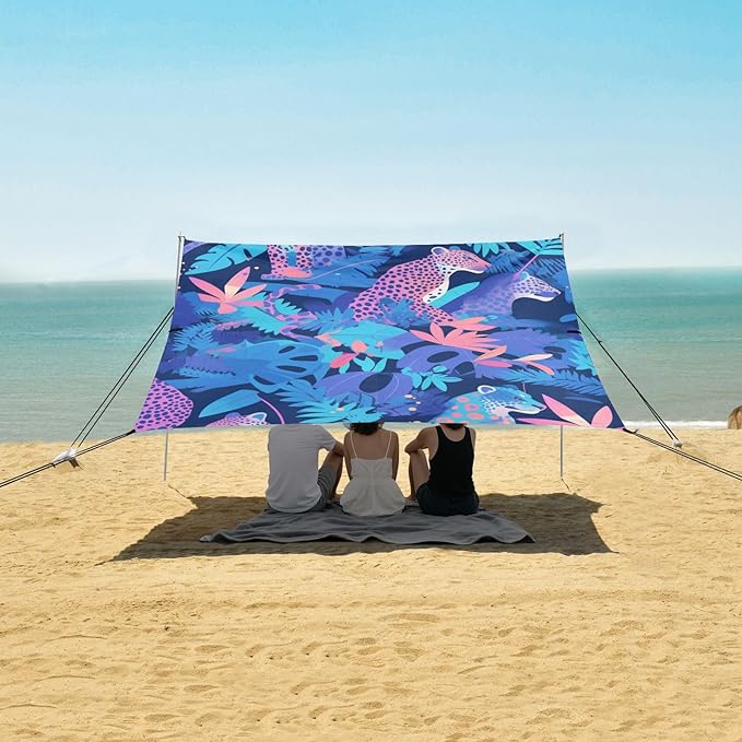 Aesthetic Unique Beauty Leopard Purple Blue Beach Tent &amp Canopy UPF50+ Protection Easy Setup Shade Sun Shelter Includes Sand Shovel Sandbags Stability Poles for Camping Picnics Backyard &amp