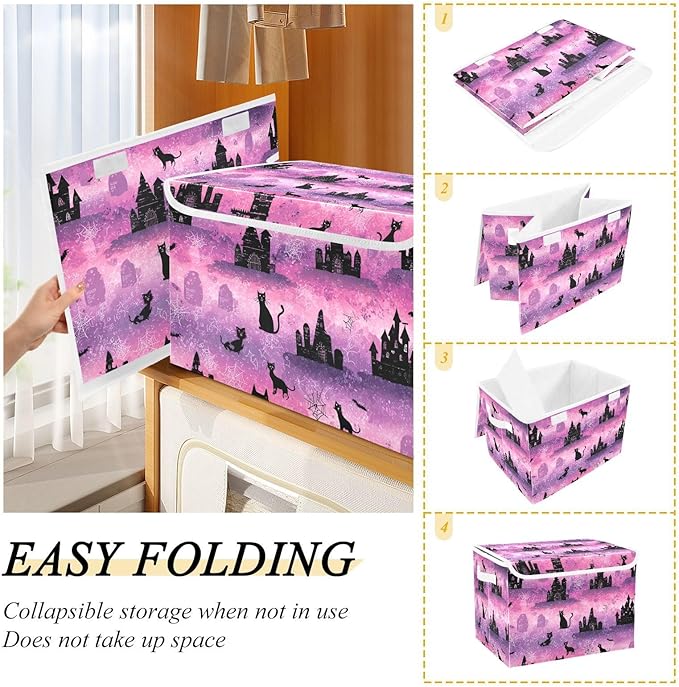 Pink Halloween Castles Cat Tombstones Storage Box with Lid 1 PC Foldable Storage Bin with Lids Stackable Storage Bins Cube Closet Organizer Basket with Flip-Top Lid &amp Handles for Shoes Bo