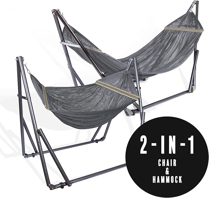 2 in 1 Hammock and Swinging Chair with Collapsible Steel Stand 450 lbs Capacity- Carrying Case Portable &amp Adjustable Perfect for Camping Beach Summer Patio EZ Daze Foldable Hammock with Stand-G