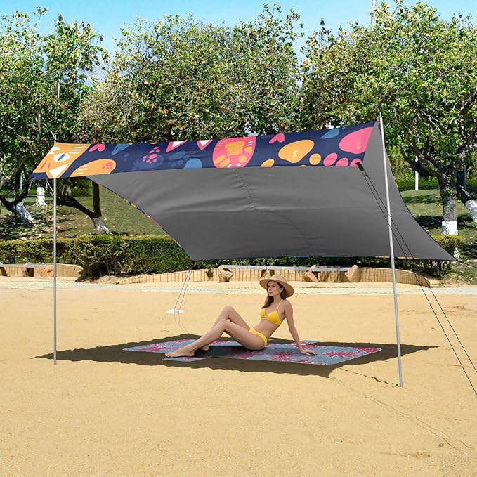 Footprint Cat Beach Canopy UPF50 Easy Setup Large Sun Shelter with Sandbags and Shovel for Camping Picnics Backyard