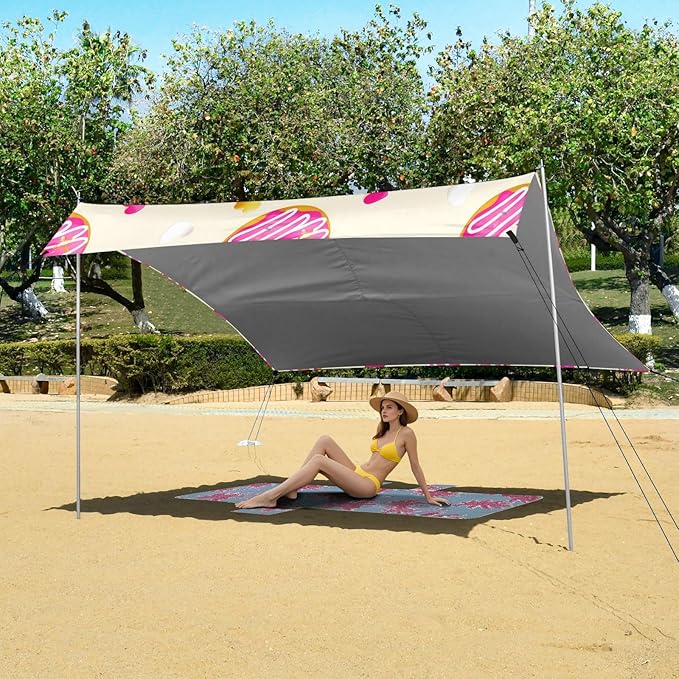 xigua Donut Beach Tent Sun Shelter with Carrying Bag - Silver Coated Oxford Fabric Beach Canopy for Beach Camping Fishing - Includes Windproof Ropes Sandbags &amp Stakes