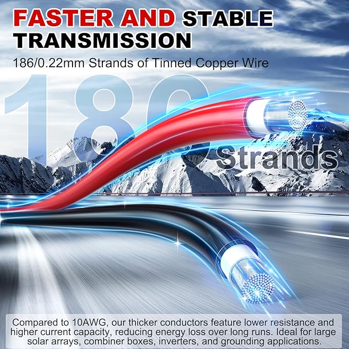 Oududianzi 8AWG Solar Panel Wire 2x100Ft Solar Wire 8 Gauge Tinned Copper PV Wire Solar Extension Cable for Outdoor Automotive RV Solar Panel Boat Marine