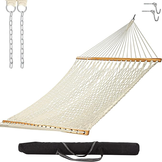 Castaway Living 13 ft. Double Traditional Hand Woven Navy Polyester Rope Hammock – 2-Person 450 lb Capacity Free Extension Chains &amp Tree Hooks Designed in The USA
