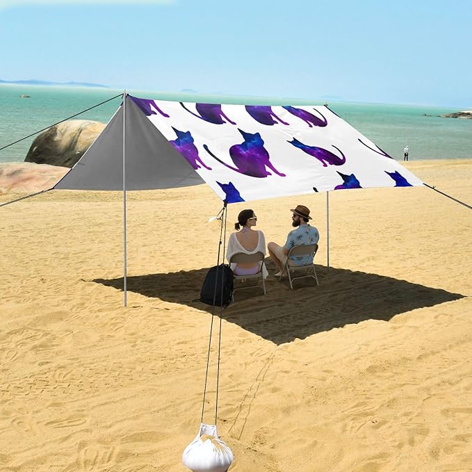 xigua Cat Pattern Beach Tent Sun Shelter with Carrying Bag - Silver Coated Oxford Fabric Beach Canopy for Beach Camping Fishing - Includes Windproof Ropes Sandbags &amp Stakes