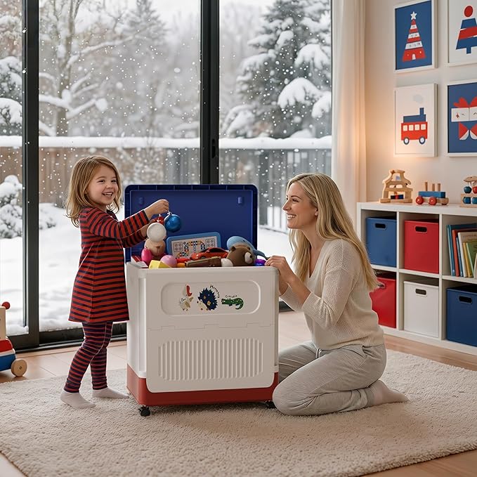 HAIXIN Storage Bin with Lid - 60 QT Plastic Storage Box with Wheels 14.8 Gal Flip-top Organizer for Clothes Large Toy Chest with Animal Stickers for Kids White Bin with Blue Lid and Red Base