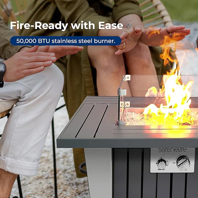 SereneLife Outdoor Propane Fire Pit Table 50000 BTU Square Fire Table with Stainless Steel Lid Durable Legs Adjustable Flame Weather Cover Perfect for Patio &amp Garden 31.5” x 31.5” x 24.8”