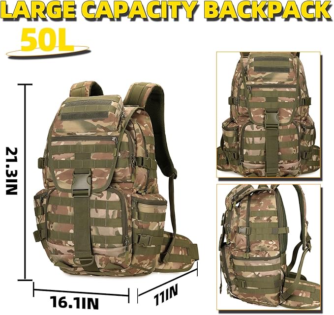 50L Military Tactical Backpack Hiking Waterproof Backpack Large Military Pack 3 Day Assault Pack Molle Bag Rucksack