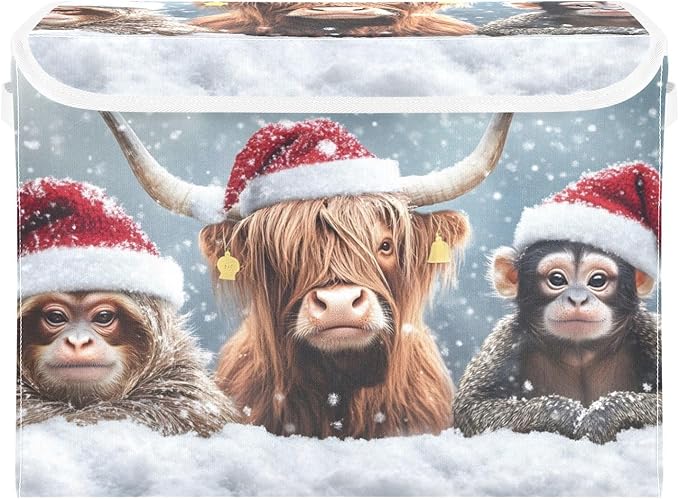 Storage Cube with Lid Christmas Cow Monkey Print 16.5×12.6×11.8 IN Collapsible Large Capacity Foldable Storage Basket Bin Organizer