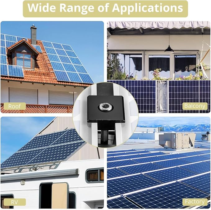 Anbte 10pcs Solar Panels Centre Clamps Aluminium T-Shaped Mid Clamps 30mm/35mm Solar Panel Mounting Brackets Solar Mounting Rail Connector for Metal Roof Tin Roof Flat Roof Sheet Roof Black