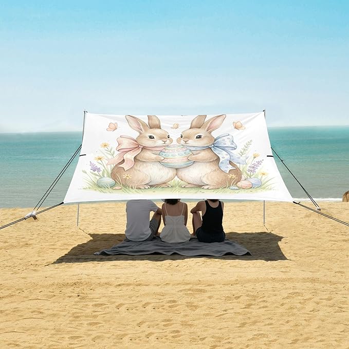 Easter Bunny Beach Canopy Sun Shelter with Sandbags &amp Sand Shovel &amp Windproof Ropes - Portable 110x126 Beach Shade Beach Tent for Camping Picnics