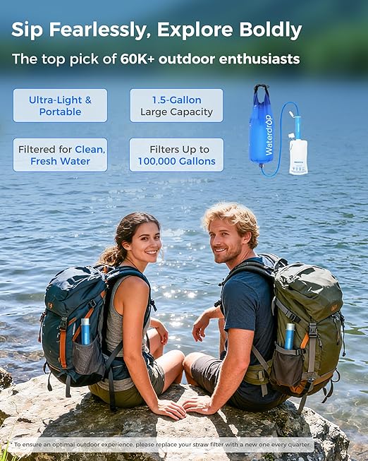 Waterdrop Gravity Water Filter Straw Camping Water Filtration System Water Purifier Survival for Travel Backpacking and Emergency Preparedness 1.5 gal Bag 5 Stage Filtration Pack of 2