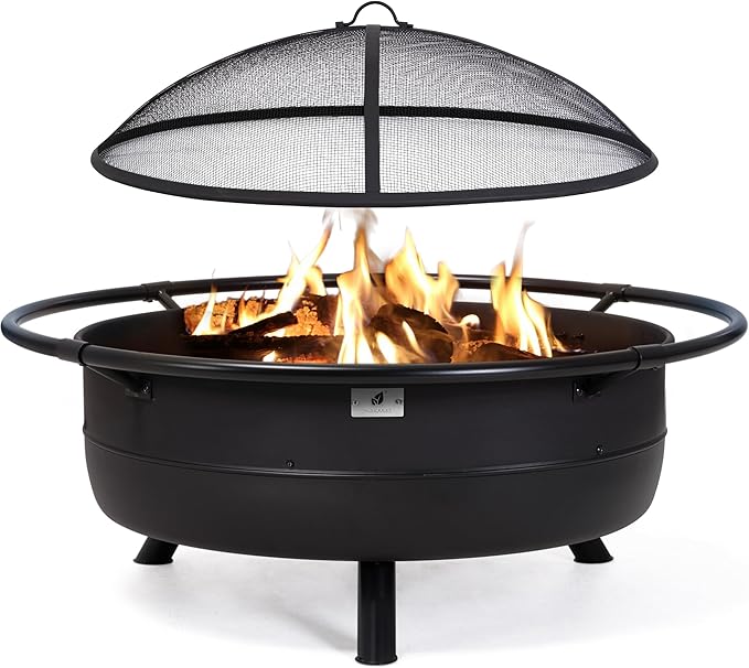SUNCREAT 42 Outdoor Portable Fire Pit with Spark Screen Fire Poker Wood Burning Patio Fire Pits with Protective Ring Black