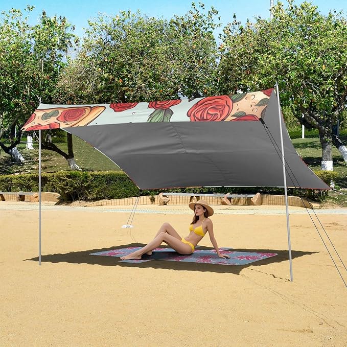 ALAZA Pizza Slice with Rose Beach Tent Sun Shelter Portable Canopy Sunshade for Outdoor Camping Picnics Backyard Fun 10x9 ft