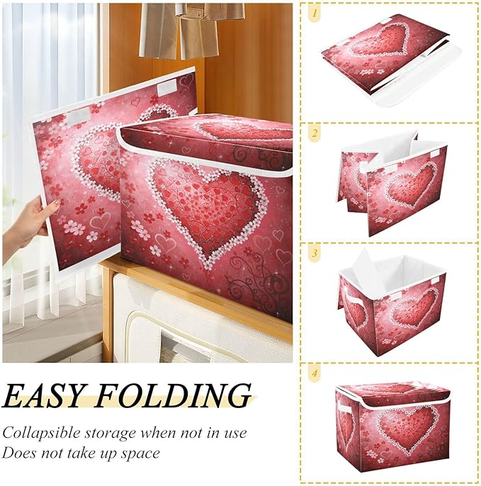 senya Valentines Baskets Collapsible Storage Bins with Lids Love Heart Floral Heart Storage Boxes Clothes Baskets for Organizing