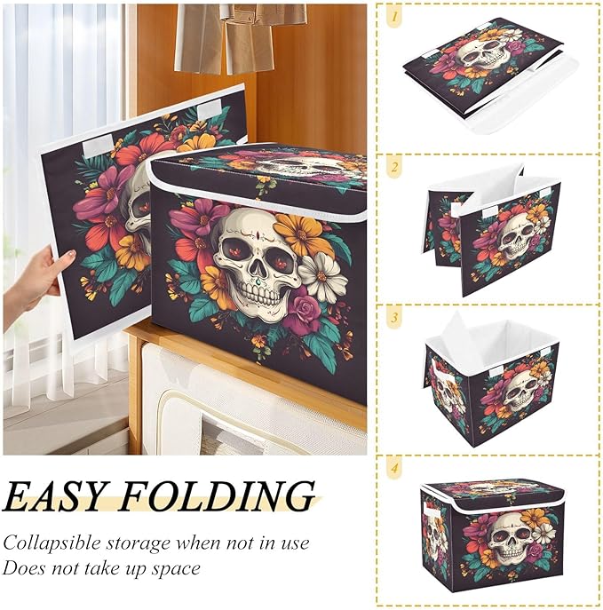 senya Large Storage Bins with Linen Halloween Skull Flower Collapsible Foldable Storage Cubes Fabric Closet Organizer Containers Box with Flip-Top Lid for Home Bedroom Office 16.7 x 12.6 x 11.8in