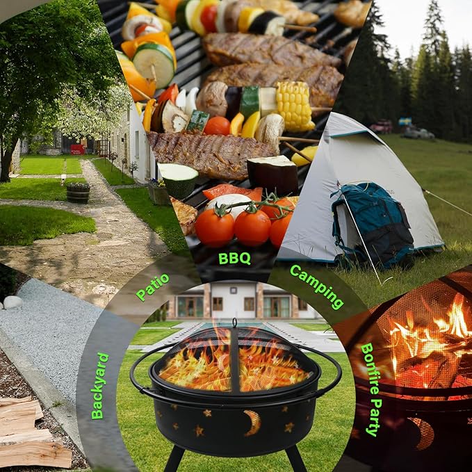 32 Inch Fire Pit Outdoor Fireplace 2 in 1 Metal Round Firepit for Outside Bonfire Party BBQ Camping Backyard Patio Garden Picnic w/Fire Poker Spark Screen Grate Cover (Moon&ampStar)