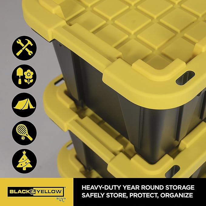 CX BLACK &amp YELLOW 12-Gallon Heavy Duty Storage Bins with Lids Stackable Plastic Storage Bins with Weather-Resistant Design Home Organization 4 Pack (12.51H x 16.3W x 21.8D)