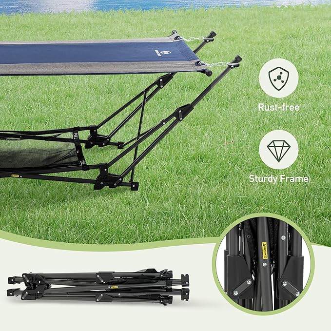 ALPHA CAMP Portable Hammock Bed with Stand Foldable Lounge Camping Bed for Patio Backyard Garden Poolside Beach Lawn Porch Include Pillow Storage Net Side Pocket with Cup Holder