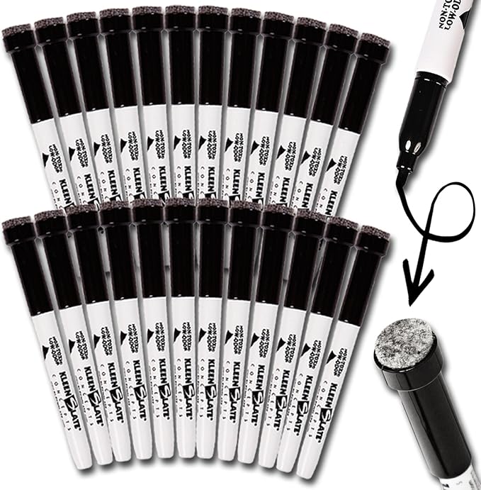 (24) KleenSlate Black Low Odor Dry Eraser Markers with Eraser Bullet point