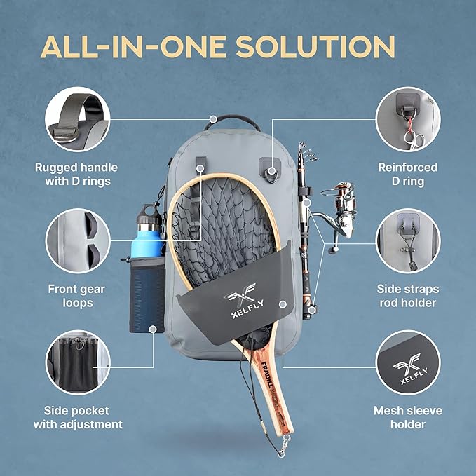 Waterproof Fishing Backpack with Rod Holder Inflatable Air Valve Padded Waist Straps &amp Gear Loops - Submersible Zipper Rugged Top Handle Adjustable Attachments (Blue)