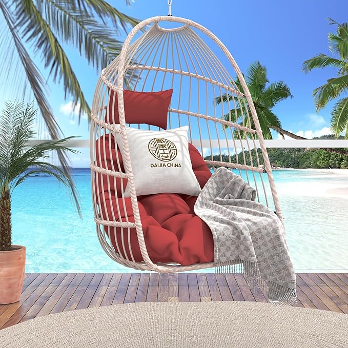 Hanging Egg Chair with Pillow HDPE Rattan Foldable Swing Chair with Aluminum Frame &amp UV Resistant Cushion Hammock Egg Basket Without Stand for Indoor Outdoor 350Lbs Capacity (Red Cushion)