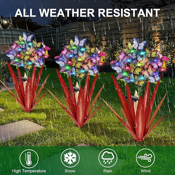 Homight Solar Metal Agave Butterfly Flower Stick Garden Sculpture - Outdoor Christmas Lights Swaying Solar Lights Gift (2 PCS RED)