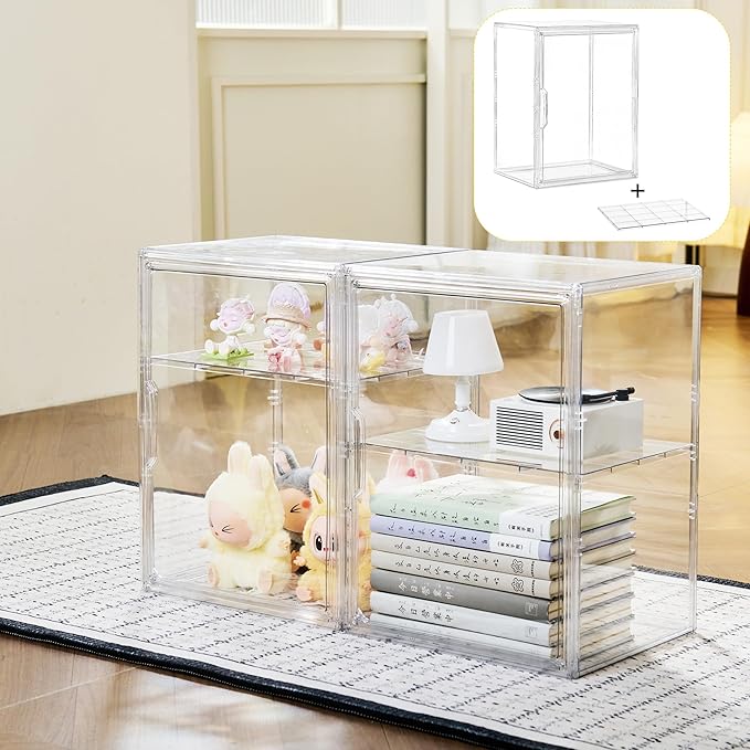 Acrylic Display Case with Removable Shelf 2 Tier Clear Plastic Stackable Storage Bins with Magnetic Lids Figure Display Case for Collectibles Cosmetic Acrylic Box 4 Pack