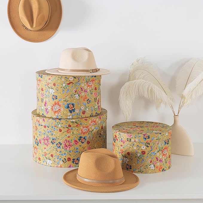 Soul &amp Lane Botanica Bliss Gold Round Hat Boxes with Lids - Set of 3: Nesting Cardboard Hat Storage Boho Floral Print Cases Stacking Circle Decorative Keepsake Boxes
