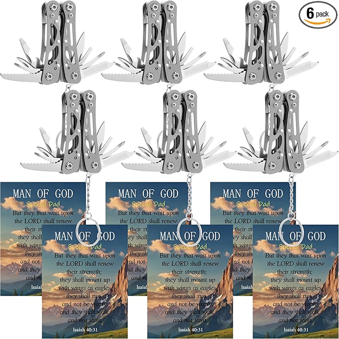 6 Pack Father's Day Mini Multitool Pliers Gifts with Man of God Cards for Men Him Dad Boyfriend Small Multitool Pocket Pliers Stainless Steel Mini Plier Man of God Gifts Father's Day Gift