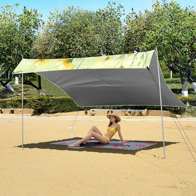 xigua Yellow Flowers Beach Tent Sun Shelter with Carrying Bag - Silver Coated Oxford Fabric Beach Canopy for Beach Camping Fishing - Includes Windproof Ropes Sandbags &amp Stakes