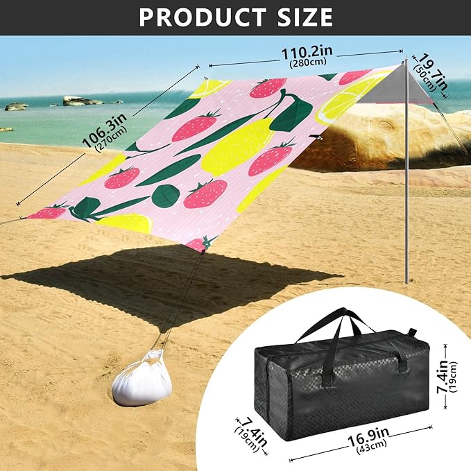 Beach Canopy with Windproof Ropes &amp Sandbags Beach Tent Sun Shade Sun Shelter for Camping Trips Fishing Backyard Fun or Picnics Lemon and Strawberry