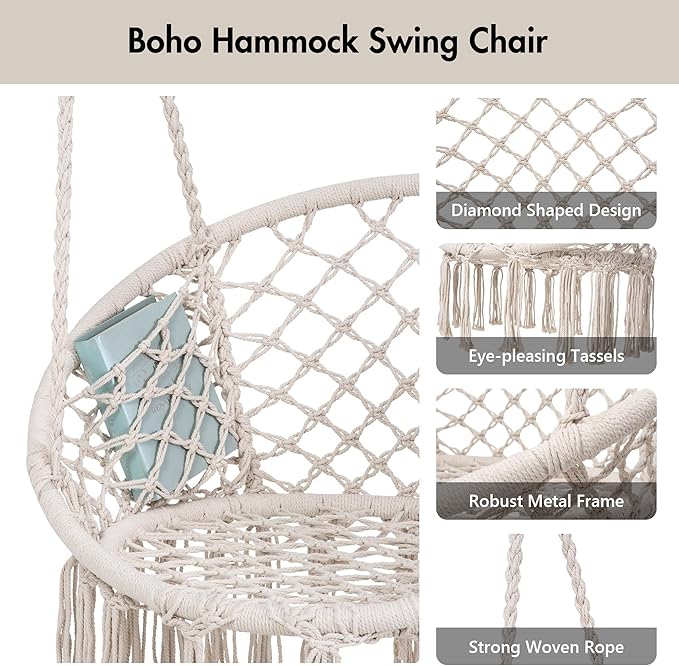 ANOW Macrame Hammock Chair with Stand for Outside Heavy Duty Hanging Chair Stand with Swing Chair Includes Seat Cushion Max 400 Lbs Natural