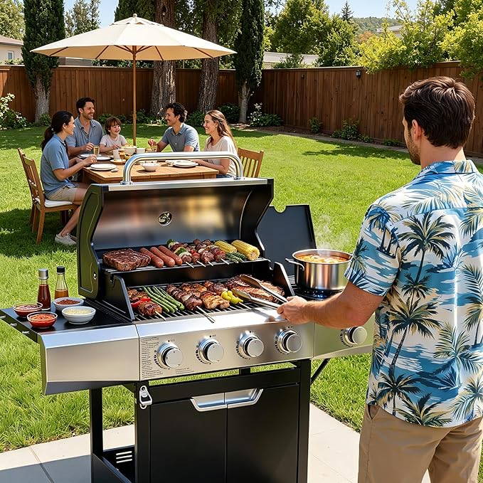 EUHOME 51000 BTU 4-Burner Propane Gas Grill with Side Burner – Large 452 sq.in Stainless Steel BBQ Grill Enameled Cast Iron Grates 4 Swivel Casters &amp Protective Cover for Backyard Patio Family