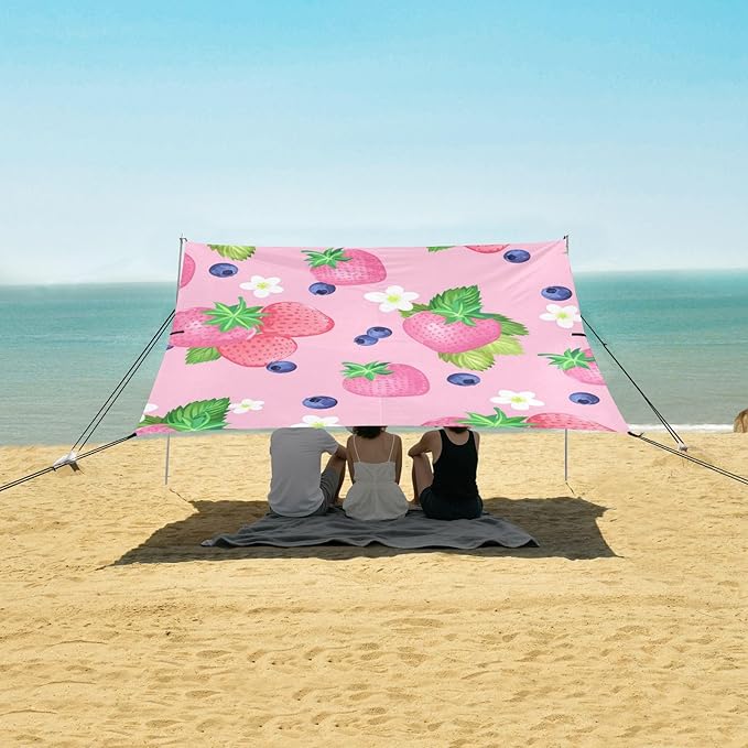 Beach Canopy with Windproof Ropes &amp Sandbags Beach Tent Sun Shade Sun Shelter for Camping Trips Fishing Backyard Fun or Picnics Strawberry