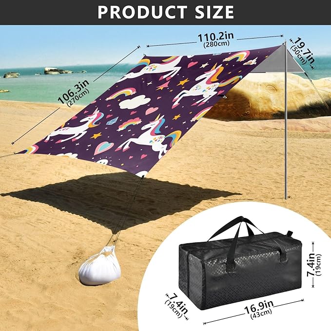 ALAZA Unicorn Decorated Rainbow Pattern Beach Tent Sun Shelter Portable Canopy Sunshade for Outdoor Camping Picnics Backyard Fun 10x9 ft