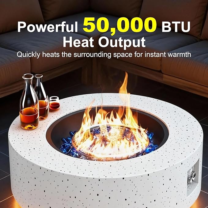30' Outdoor Fire Pit Table with 50000 BTU Output Premium Gas Fire Pit Tables for Outside Patio Round Propane Fire Pit with Glass Stones Waterproof Cover (White 30 LED)