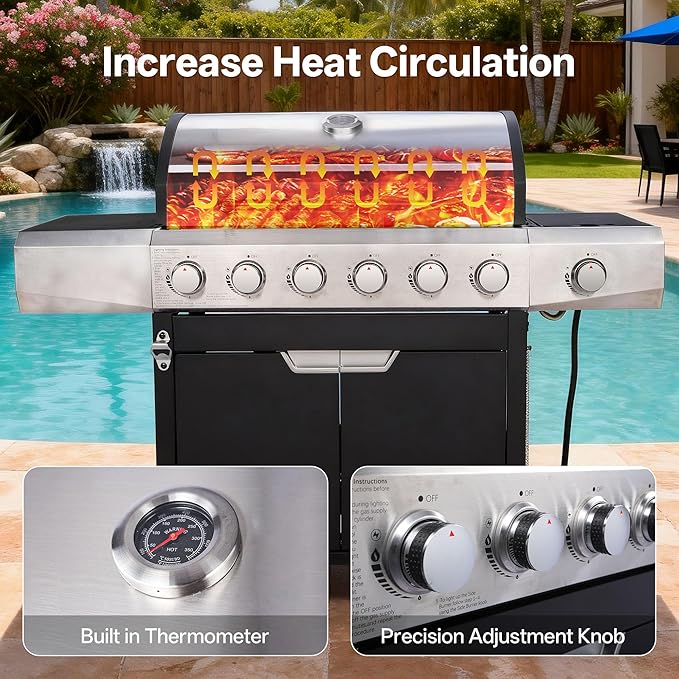 Endark 6-Burner 68500 BTU Propane Gas Grill with Side Burner Stainless Steel &amp Porcelain Grates Wheeled BBQ Grill for Patio Garden Backyard Outdoor Cooking
