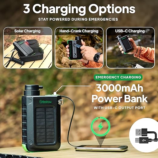 Greeshow Portable Electric Water Filter for Camping &amp Survival - 0.01 Micron Water Purification System with Solar Hand Crank USB-C Charge - Power Bank &amp LED Light for Backpacking Gear Emerg