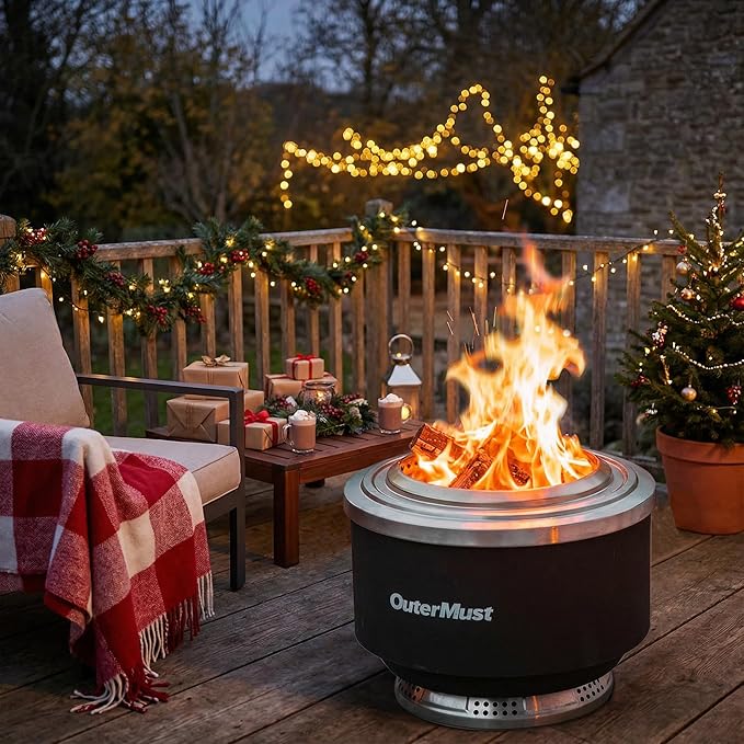 OuterMust 24 Inch Smokeless Fire Pit for Outside with Deck Safe Stand Wood Burning Outdoor Fireplace with Ash Pan for 5-7 Persons Stainless Steel Portable Bonfire for Patio Deck Backyard &amp Campi