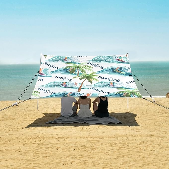 xigua Landscape Beach Tent Sun Shelter with Carrying Bag - Silver Coated Oxford Fabric Beach Canopy for Beach Camping Fishing - Includes Windproof Ropes Sandbags &amp Stakes
