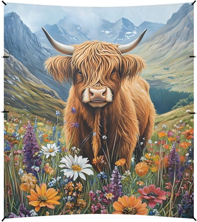 ALAZA Oil Painting Highland Cow Flowers Beach Tent Sun Shelter Portable Canopy Sunshade for Outdoor Camping Picnics Backyard Fun 10x9 ft