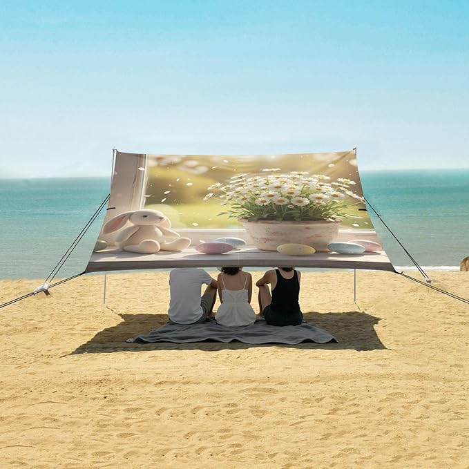 Beach Canopy with Windproof Ropes &amp Sandbags Beach Tent Sun Shade Sun Shelter for Camping Trips Fishing Backyard Fun or Picnics Easter Egg