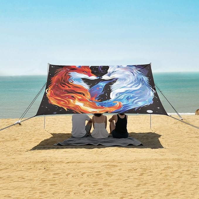 ALAZA Foxes Starry Beach Tent Sun Shelter UPF50+ Protection Beach Shade Canopy w/ 4 Sandbags for Outdoor Camping Fishing Backyard Fun Picnic 10x9 ft