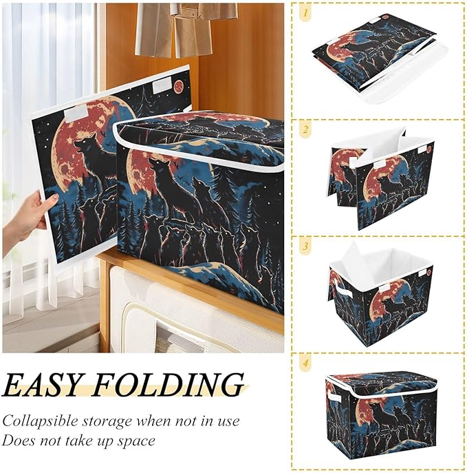 Wolf Packs Storage Cube Bins Basket with Lid Collapsible Flip-top Fabric with Handle for Home Bedroom Closet Office 16.5×12.6×11.8 in