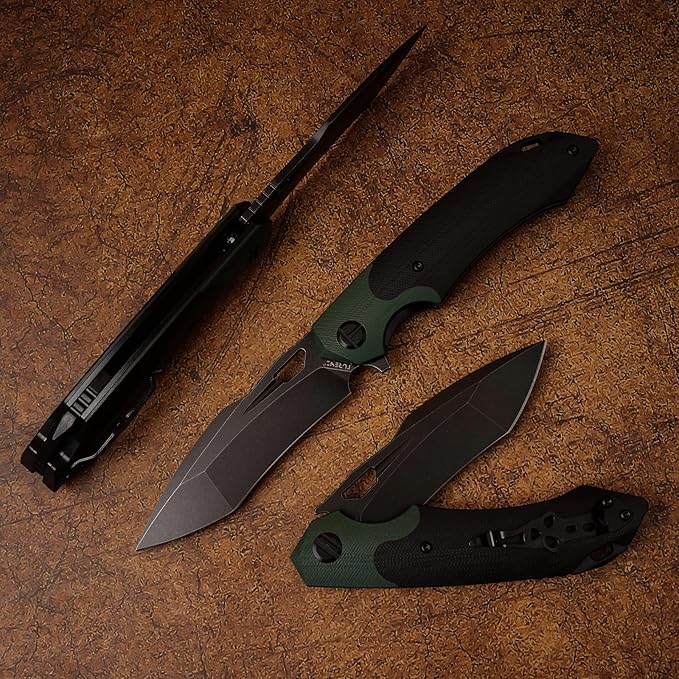 D2 Steel Folding Knife - 9CM Black Tactical Blade G10 Handle Pocket Clip - EDC Camping Survival Hunting - 60-61HRC Vacuum Heat Treated Stonewash Finish