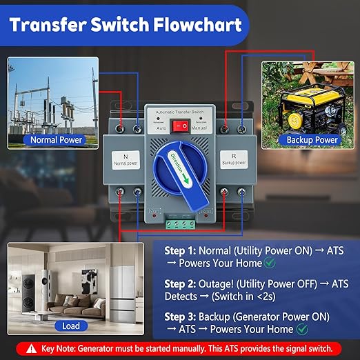 110V 63A Automatic Transfer Switch (ATS) for Home Generators - Dual Power Source Changeover with Auto/Manual ModeInstant Changeover for Home/Commercial/RV/Backup Generator