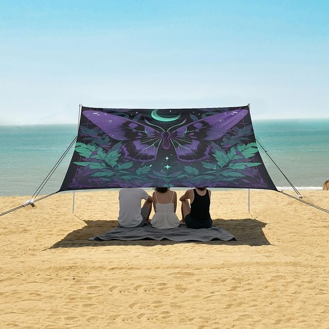 ALAZA Butterfly Moon Stars Astrology Beach Tent Sun Shelter UPF50+ Protection Beach Shade Canopy w/ 4 Sandbags for Outdoor Camping Fishing Backyard Fun Picnic 10x9 ft
