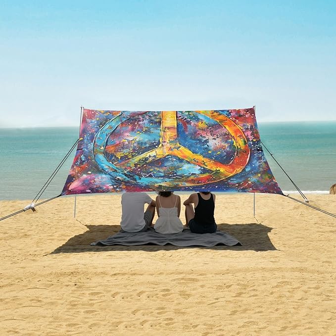 ALAZA Rainbow Peace Sign Beach Tent Sun Shelter UPF50+ Protection Beach Shade Canopy w/ 4 Sandbags for Outdoor Camping Fishing Backyard Fun Picnic 10x9 ft